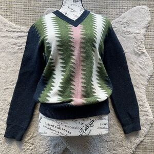 M Missoni Zigzag Wool V-Neck Pink & Green Sweater
